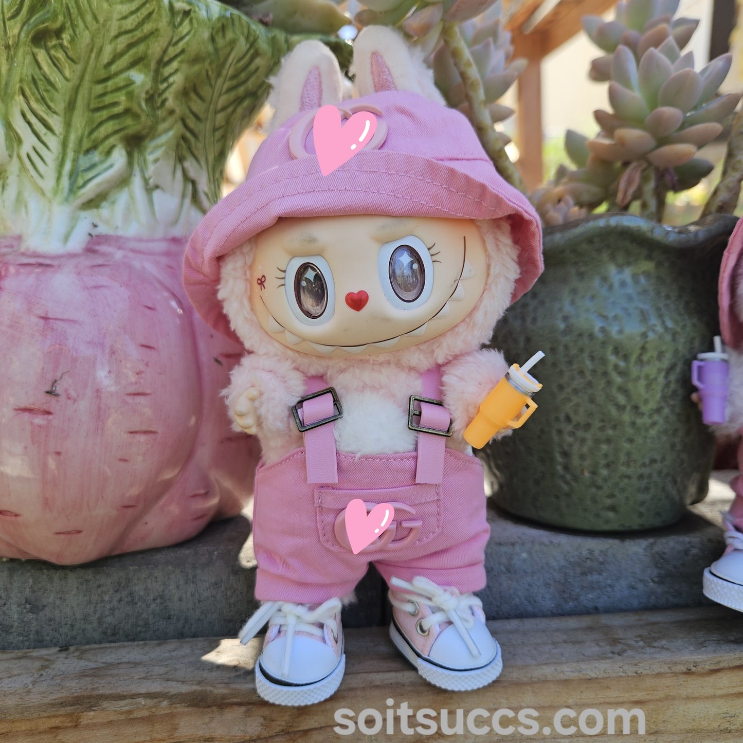 Designer Pink Romper Overall & Bucket Hat Streetwear Casual Labubu Clothes