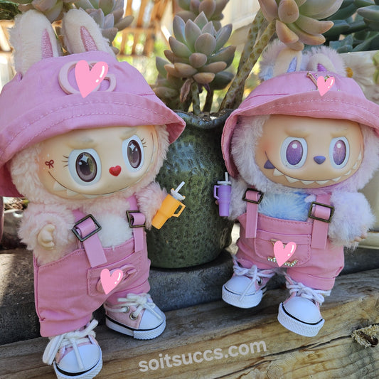 Designer Pink Romper Overall & Bucket Hat Streetwear Casual Labubu Clothes