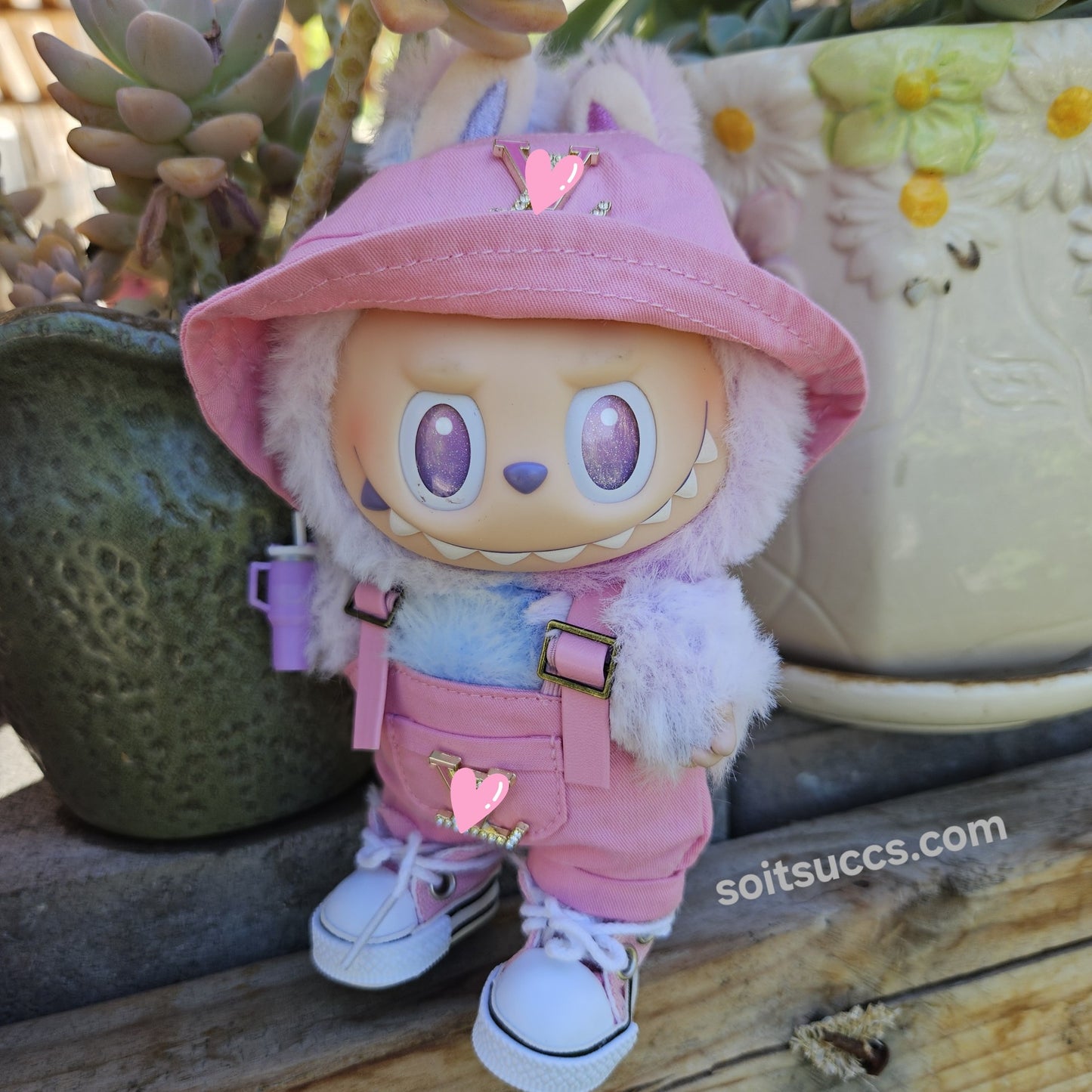 Designer Pink Romper Overall & Bucket Hat Streetwear Casual Labubu Clothes